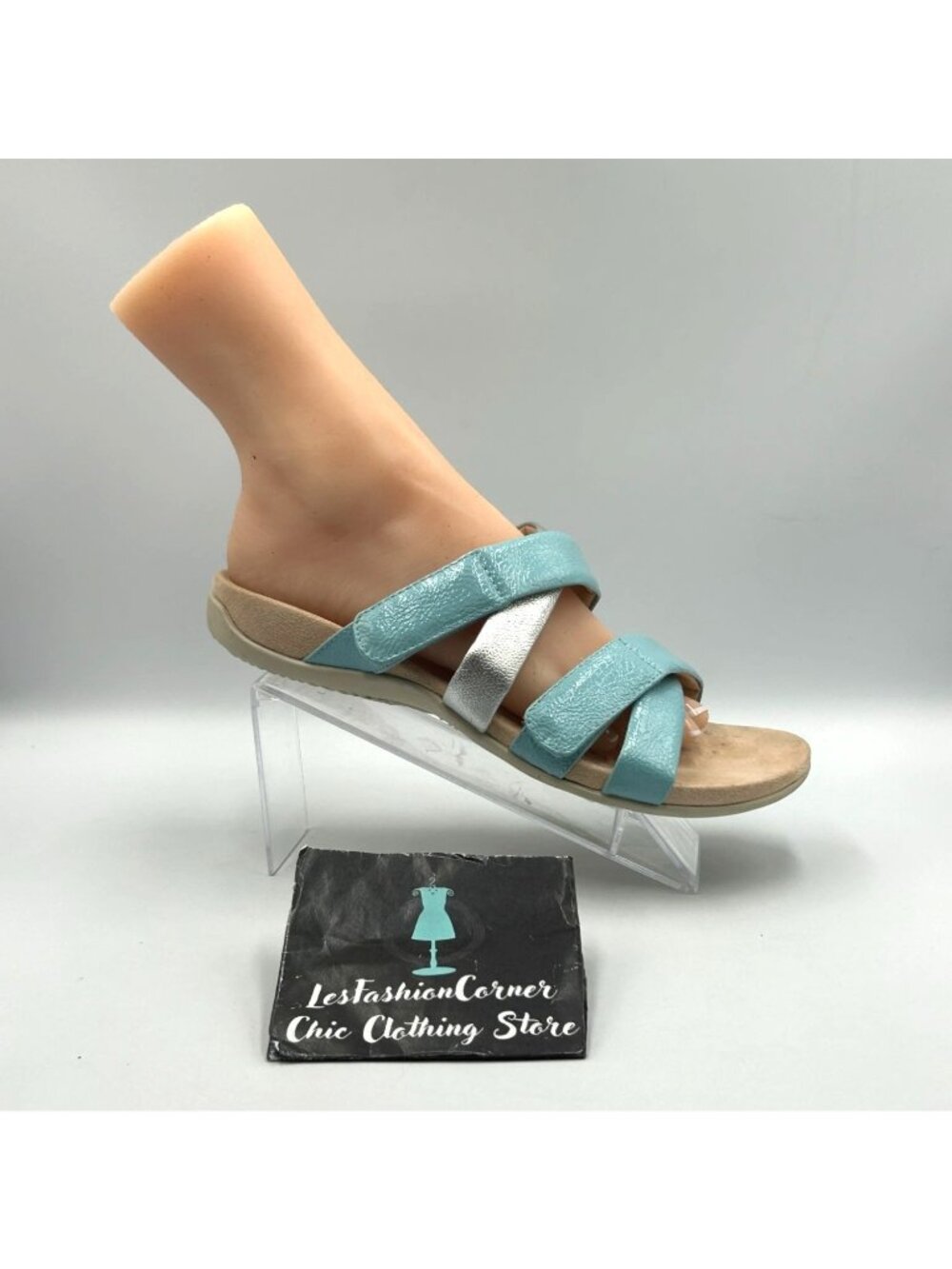 Vionic Women's Silver Blue Leather Hadlie Orthotic Slide Sandals Size 10 3525 - Picture 14 of 16